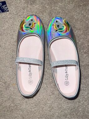 Girls' Silver Holographic Unicorn Ballet Flats
